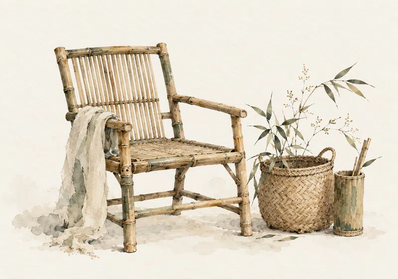 Minh họa ghế tre và giỏ đan